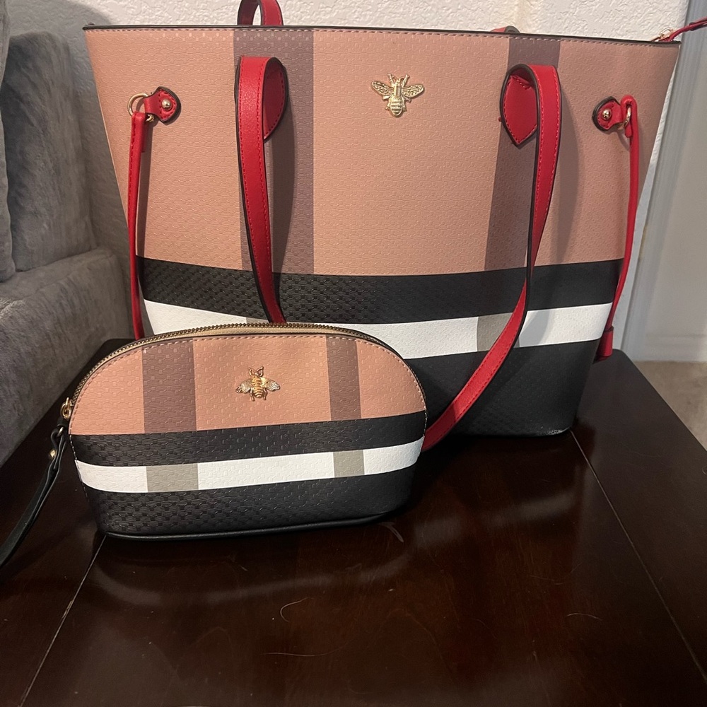 Bee-Emblem Striped Tote and Pouch Set - Blush, Black & Red
